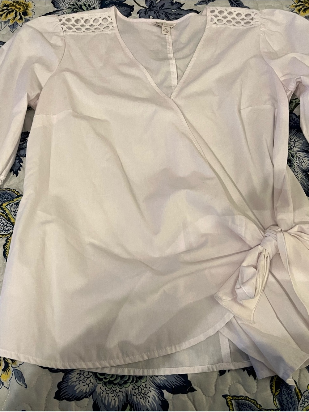 Cato White Wrap Tie Blouse with Crochet Shoulder Accent